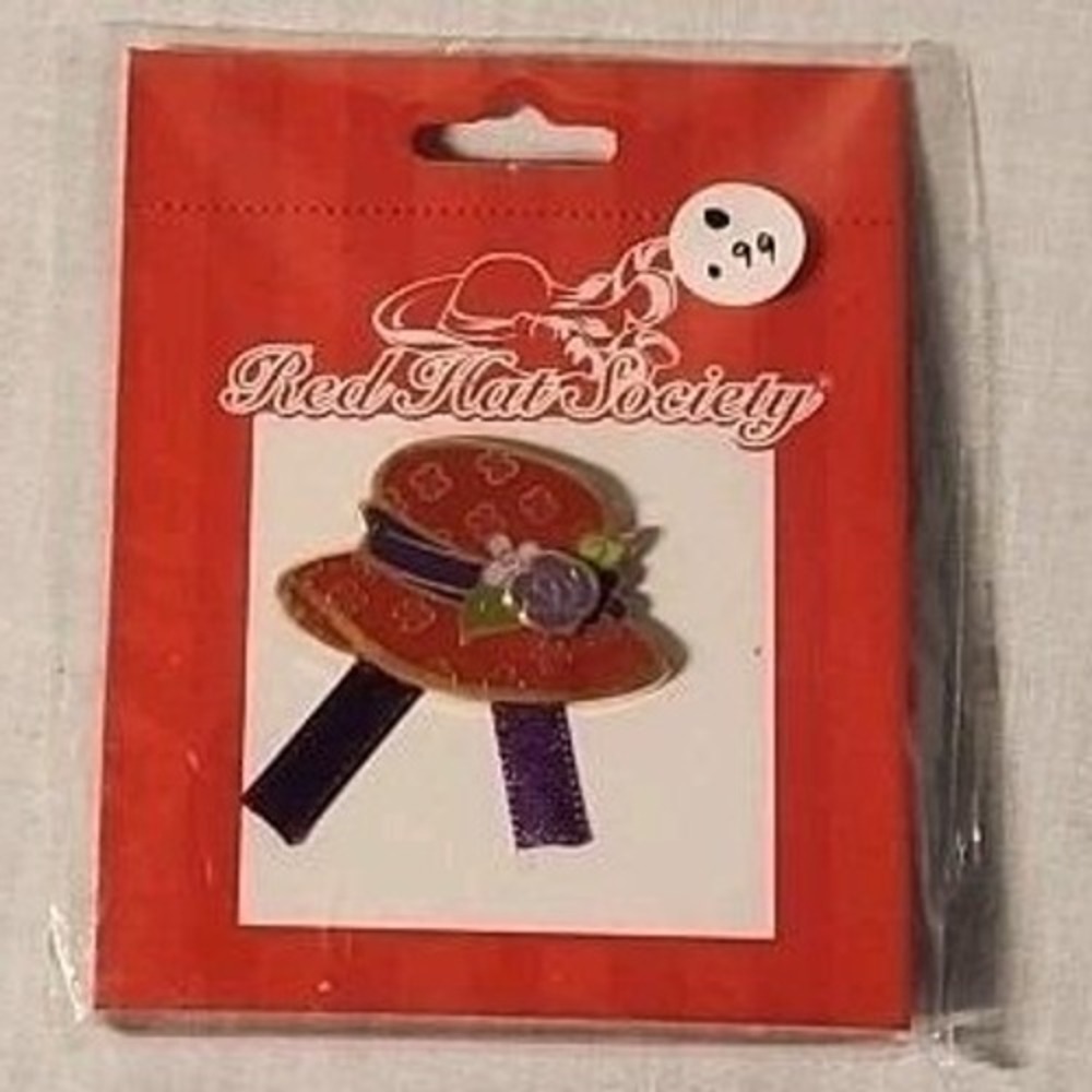 Vintage Red Hat Society Enamel Hat Brooch Red Purple 2004 New in Package